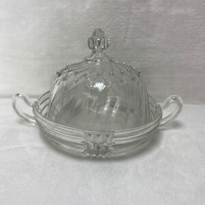 VTG Clear Glass Round Covered Candy Dish with Handles Sunburst Pattern Lid